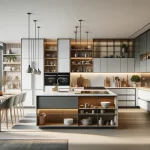DALL·E 2024-05-08 21.14.08 - A modern kitchen with sleek, minimalist design. Features include a central kitchen island with a waterfall countertop, integrated appliances, modular