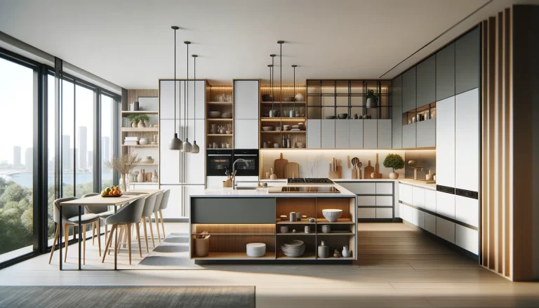 DALL·E 2024-05-08 21.14.08 - A modern kitchen with sleek, minimalist design. Features include a central kitchen island with a waterfall countertop, integrated appliances, modular