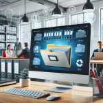 DALL·E 2024-07-14 16.53.48 - A professional office setting with an organized digital document archiving system displayed on a computer screen, showing folders and files being acce