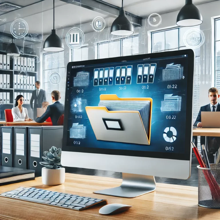 DALL·E 2024-07-14 16.53.48 - A professional office setting with an organized digital document archiving system displayed on a computer screen, showing folders and files being acce