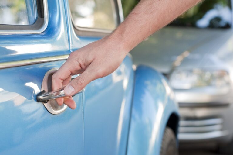 Opening car door, Man hand opening car door, close up