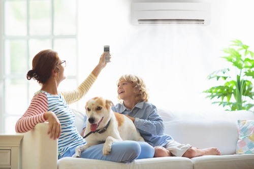 Mother,And,Child,With,Air,Conditioner,Remote,Control.,Comfortable,Temperature